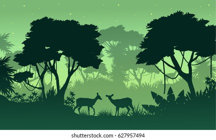 Silhouette of jungle with deer beauty landscape