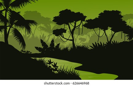 Silhouette of jungle with river landscape