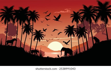 Silhouette jungle at sunrise scenery