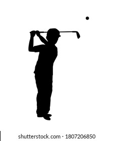 Silhouette of a junior golfer after hitting the golf ball, vector silhouette of a boy playing golf, isolated on white background.