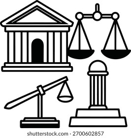 Silhueta de um martelo de justiça, edifício do tribunal, e balança escala, simbolizando a lei, justiça, e processos judiciais.