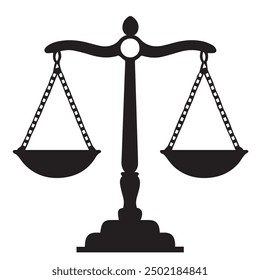 Silhouette of justice scales symbolizing balance and fairness isolated on white background. Symbol of law