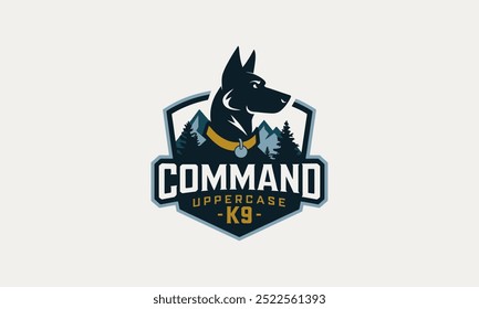 Silhouette of K9 dog in command shield logo design