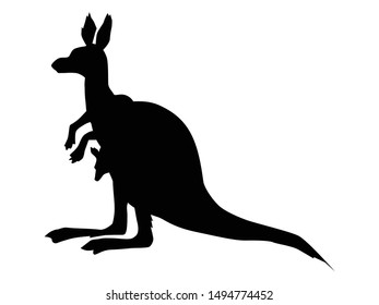 Silhouette of kangaroo with baby. Side view. Motive of wildlife, zoo, saving planet, Australia, animal life