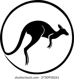 Silhouette of a kangaroo (Macropus) within a circular border. The kangaroo is depicted in mid-jump, emphasizing its long tail and strong hind legs.