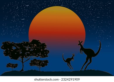 Silhouette of kangaroos family on sunset background. Two kangaroo at Australian landscape with orange sunrise and acacia trees. Wild nature of Australia. Australia day banner.Stock vector illustration