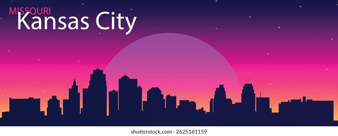 Silhouette of the Kansas City, Missouri city skyline against a bright purple and pink sky with a large round moon in the style of a retro-futuristic or neon wipe, with stars scattered across the sky.