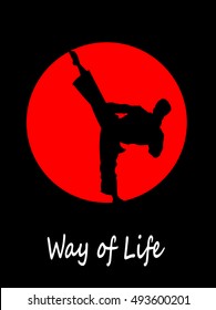 Silhouette Of Karate Fighter Doing High Kick. Vector Illustration