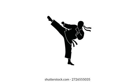 Silhouette of a karate fighter performing a dynamic high kick against a clean white background. Martial arts action.