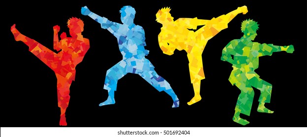 silhouette of karate fighters - colorful Black background -