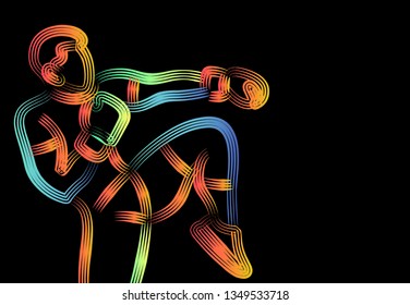 Silhouette of a karateka doing standing side kick, 3d Color line art ( RGB ) vector illustration.