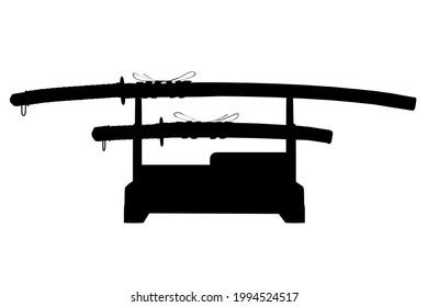 Silhouette with a katana lying on a rack isolated on a white background. Vector illustration