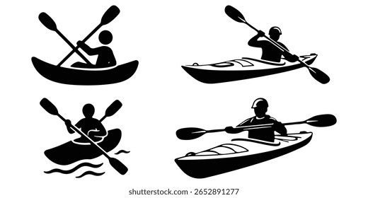 Silhouette of kayak and paddle icons for outdoor activity themes.