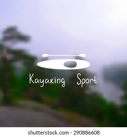 Silhouette of a kayak with a paddle on a postcard with a photo blurred. Text kayaking sport.