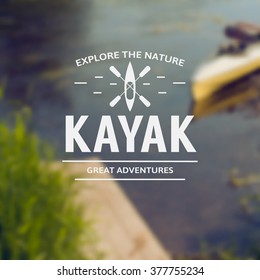 Silhouette of a kayak with a paddle on a postcard with a photo blurred.Vintage kayak logo, labels and badges