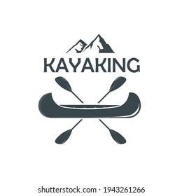 Silhouette of a kayak with a paddles crossed and mountains on the top on a transparent background. Vector flat design symbol of kayaking and canoeing. Web icon of water sports transport.