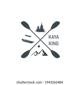 Silhouette of a kayak, paddles crossed, mountains and trees on a transparent background. Vector flat design symbol of kayaking and canoeing. Web icon of water sports transport.