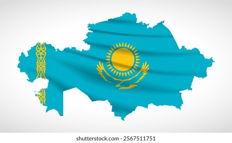 Silhouette of Kazakhstan map filled with the Kazakh flag design, symbolizing national pride, cultural heritage, and geographic identity.  
