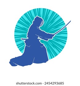 Silhouette of kendo martial art person in action pose with bamboo sword shinai 