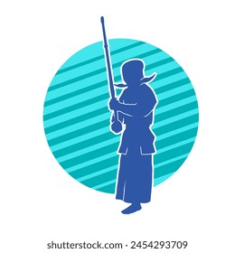 Silhouette of kendo martial art person in action pose with bamboo sword shinai 