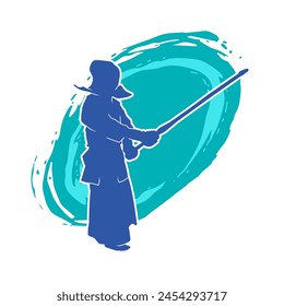 Silhouette of kendo martial art person in action pose with bamboo sword shinai 