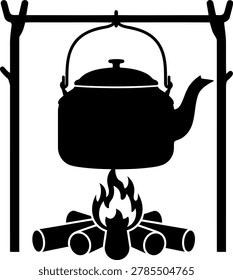Silhouette of a kettle suspended over an open campfire between wooden posts, outdoor camping cooking icon