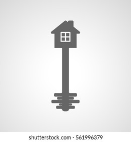 Silhouette of key with house. House key icon. Vector illustration. Real estate concept with house and key