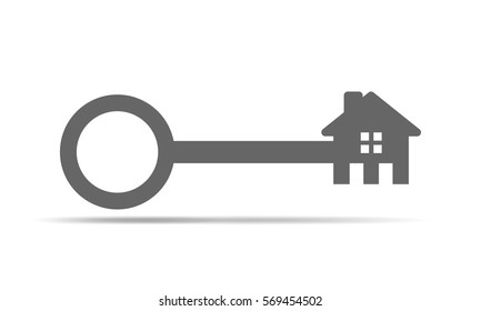 Silhouette of key with house. House key icon. Vector illustration. Real estate concept with house and key