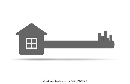 Silhouette of key with house. House key icon. Vector illustration. Real estate concept with house and key