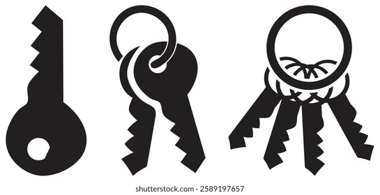 Silhouette Keys Set with Key Rings. Isolated On Transparent Background.