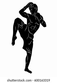 silhouette of a kick boxer, black and white drawing, white background. vector illustration