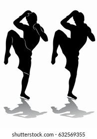 silhouette of a kick boxer, cartoon pixel image, white background