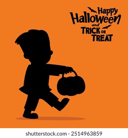 Silhouette of Kid dressed in Halloween costumes to go Trick or Treating. Halloween costume kid in spooky holiday. 