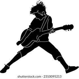 Silhouette of a Kid Guitar Player: Vector Illustration, Child Playing Guitar Silhouette: Vector Design