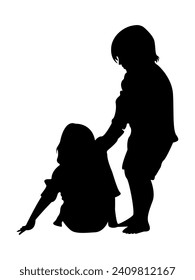 silhouette kid helping his brother to stand up, isolated vector on white background