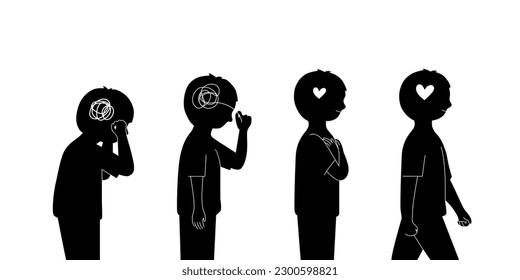 The silhouette of kid is move on his stress, hugging self and understrand problem. mental health concept in vector illustration.	