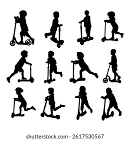 silhouette kid play scooter on white background