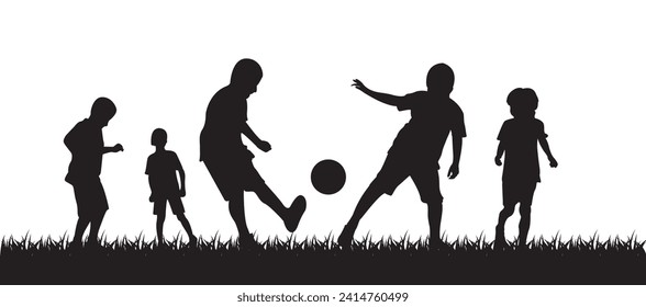 silhouette of a kid playing soccer together with his friend on the grass of a field. isolation white background