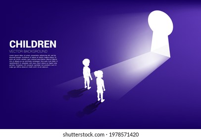 Silhouette Of Kid Ready To Move Out To Key Hole Door. Concept Of Children Education And Learning.