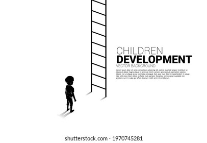 silhouette of kid standing with the ladder for go up. Concept of children education and learning.