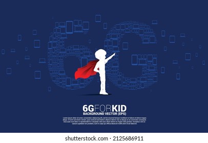 Silhouette Of Kid In Superhero Suit With 6G Mobile Networking From Multiple Device. Concept For Child And Mobile Sim Card Technology And Network.