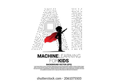 Silhouette of kid in superhero suit with dot connect line shaped AI and CPU center. Concept for machine learning and artificial intelligence for future.
