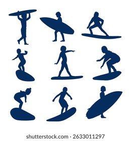 silhouette kid surfing collection set on vector design