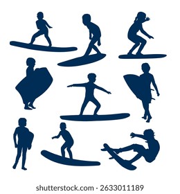 silhouette kid surfing with simple design collection