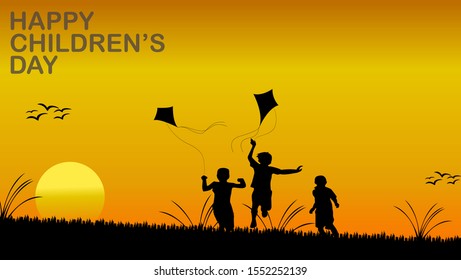 Silhouette Kids Background Playing Kite
