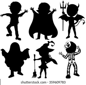 Silhouette of kids or children wearing halloween costumes isolated