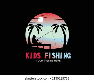 Silhouette Of Kids Fishing Logo In The River