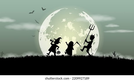 Silhouette kids with Halloween costumes walking to trick or treating on full moon night background illustration vector.