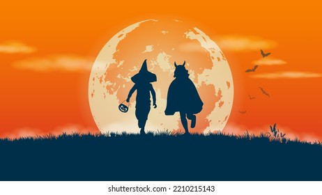 Silhouette kids with Halloween costumes walking to trick or treating on full moon night background illustration vector.