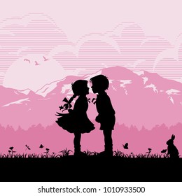 Silhouette of kids kissing on Valentine's day, Vector